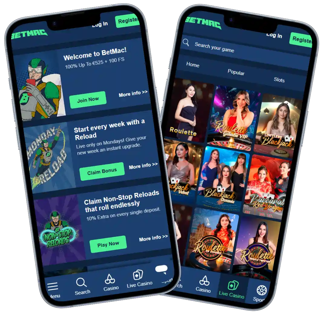 Betmac Casino mobile browser view with promotions and live casino games