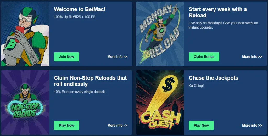 Betmac Casino promotions page with welcome bonus, reloads and jackpot offers