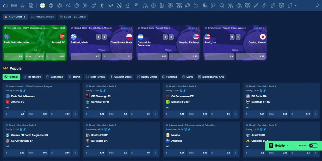 Betmac Casino sports betting dashboard with live matches and odds